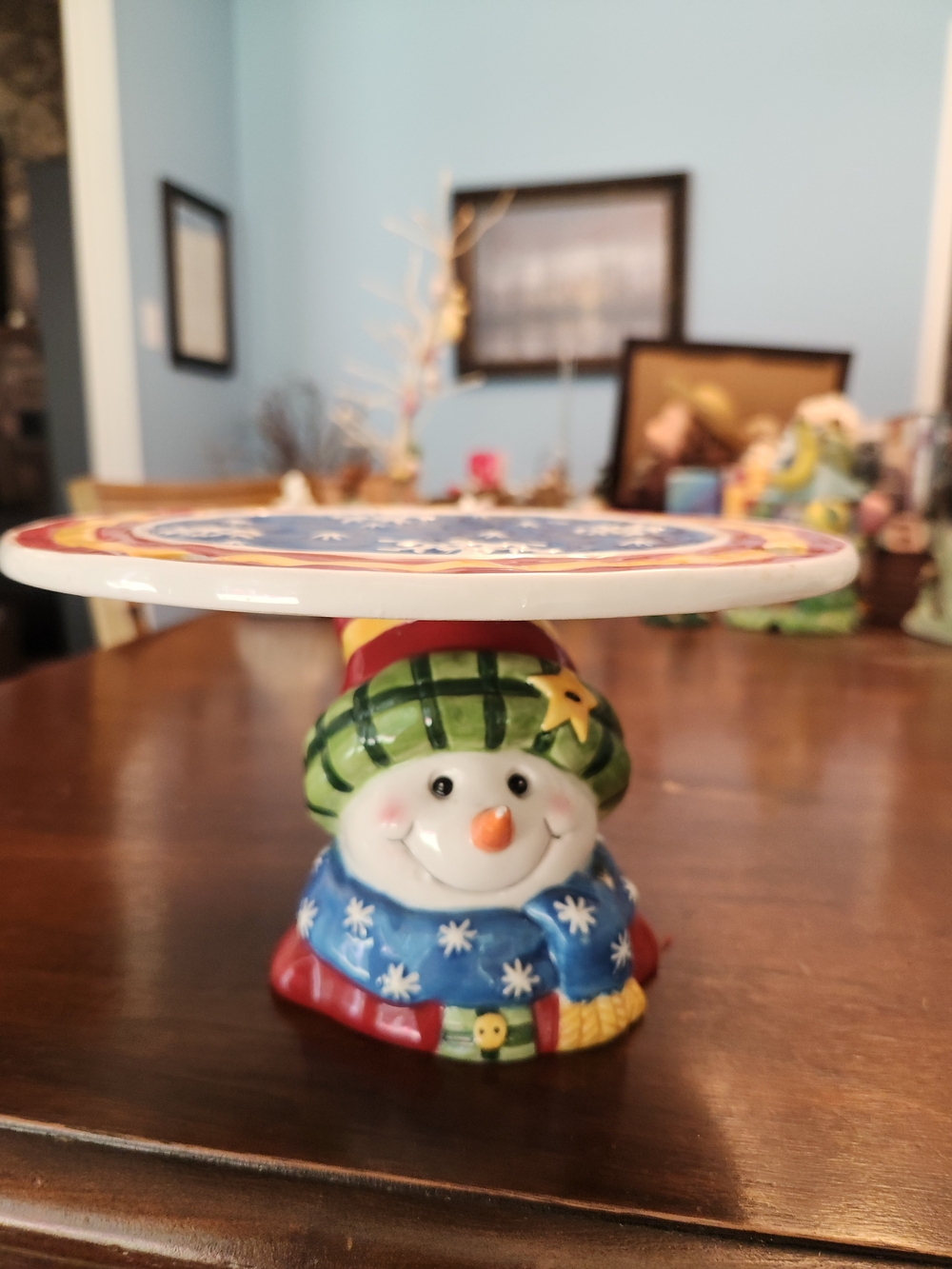 GANZ Festive Snowman Pedestal Plate - Green, Blue, Red
